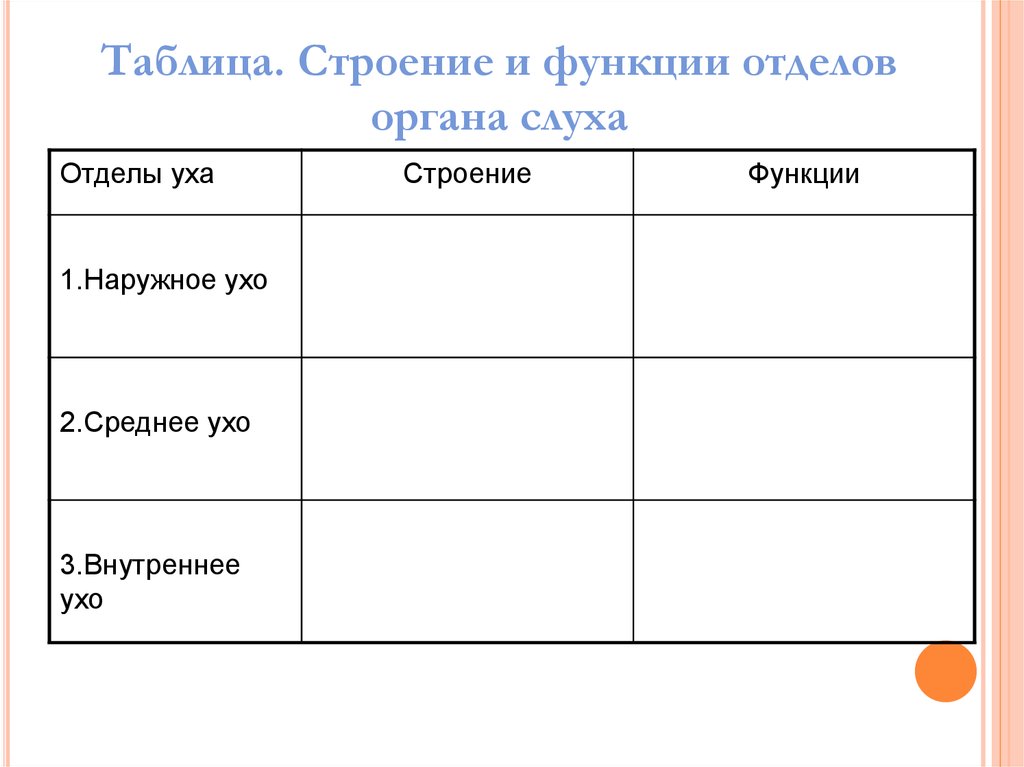 Отделы уха строение и функции таблица. Строение органа слуха таблица. Строение органа слуха и равновесия таблица. Орган слуха функции таблица. Таблица данные о строении органа слуха.