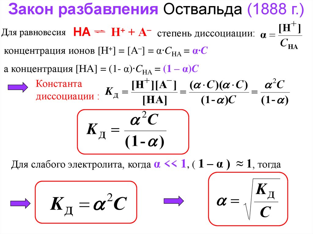 При разбавлении степень диссоциации