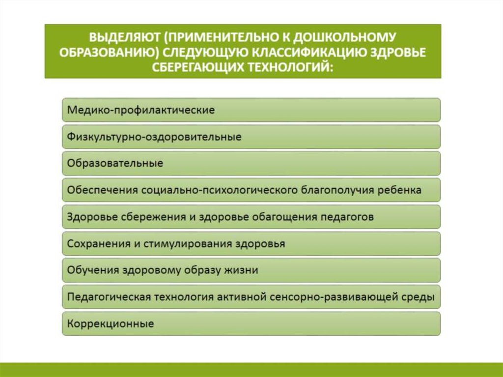 Выделяют (применительно к дошкольному образованию) следующую классификацию здровье сберегающих технологий: