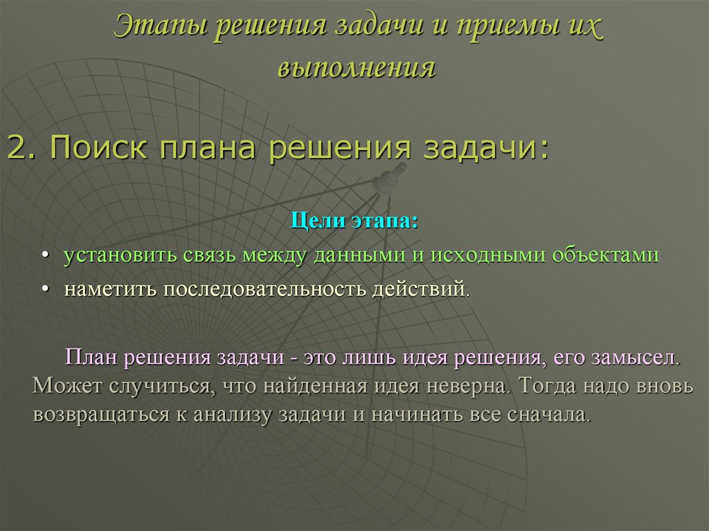 План поиск. Этапы решения задачи и приемы их выполнения. Поиск плана решения задачи приемы. Этапы решения задач цели и приёмы выполнения. Приемы поиска решения задач.