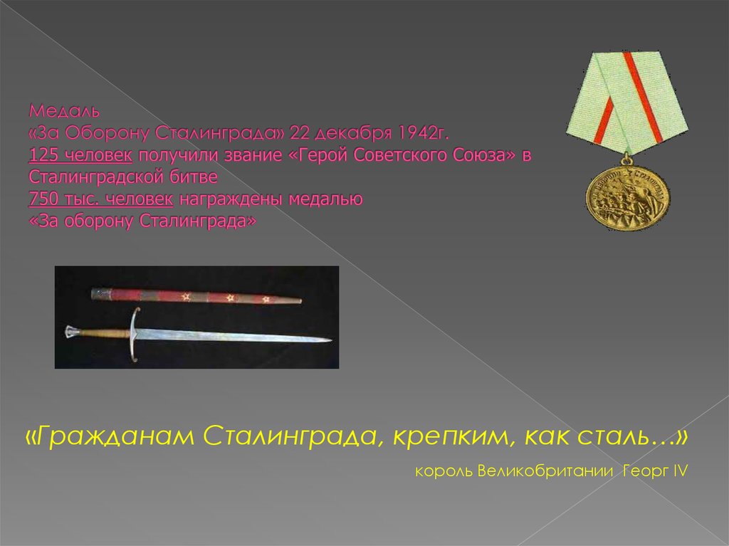 Медаль «За Оборону Сталинграда» 22 декабря 1942г. 125 человек получили звание «Герой Советского Союза» в Сталинградской битве