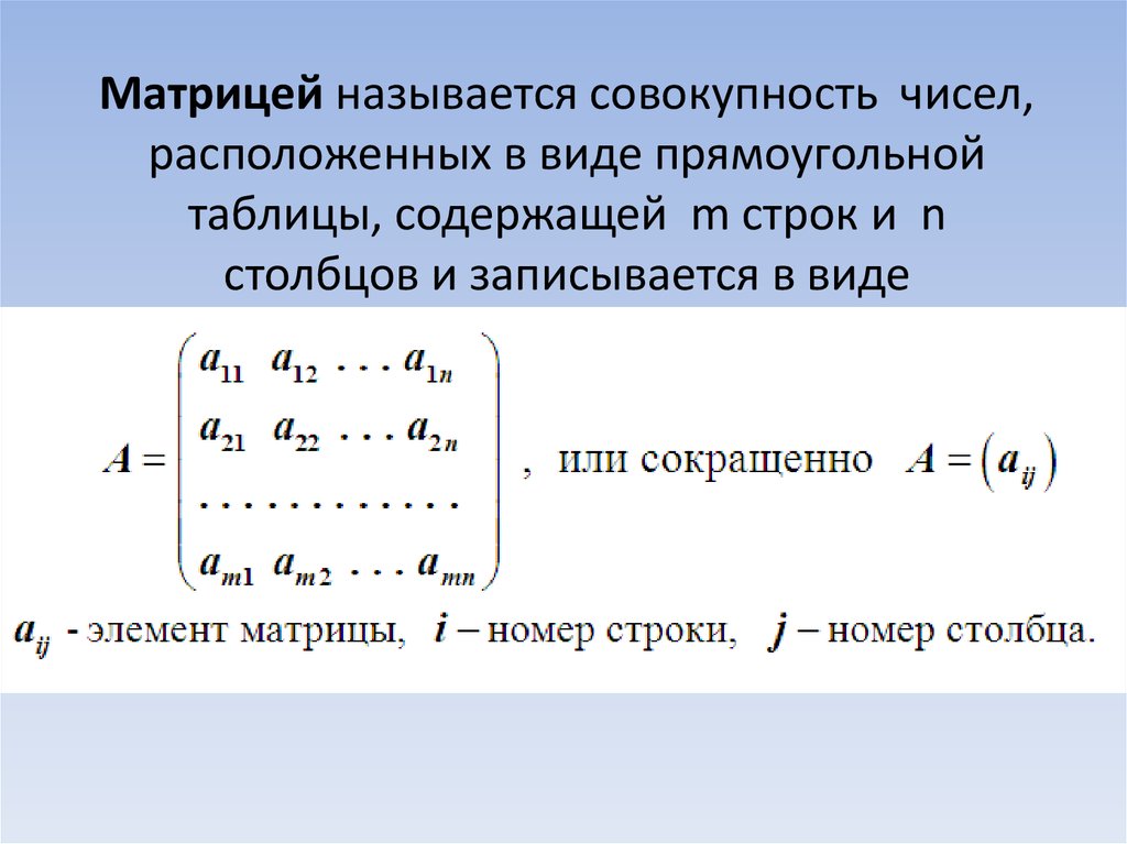 Название совокупности. Матрицы и действия над ними. Что называется матрицей. Матрицы виды матриц действия над матрицами. Таблица чисел, содержащая m строк и n Столбцов называется.