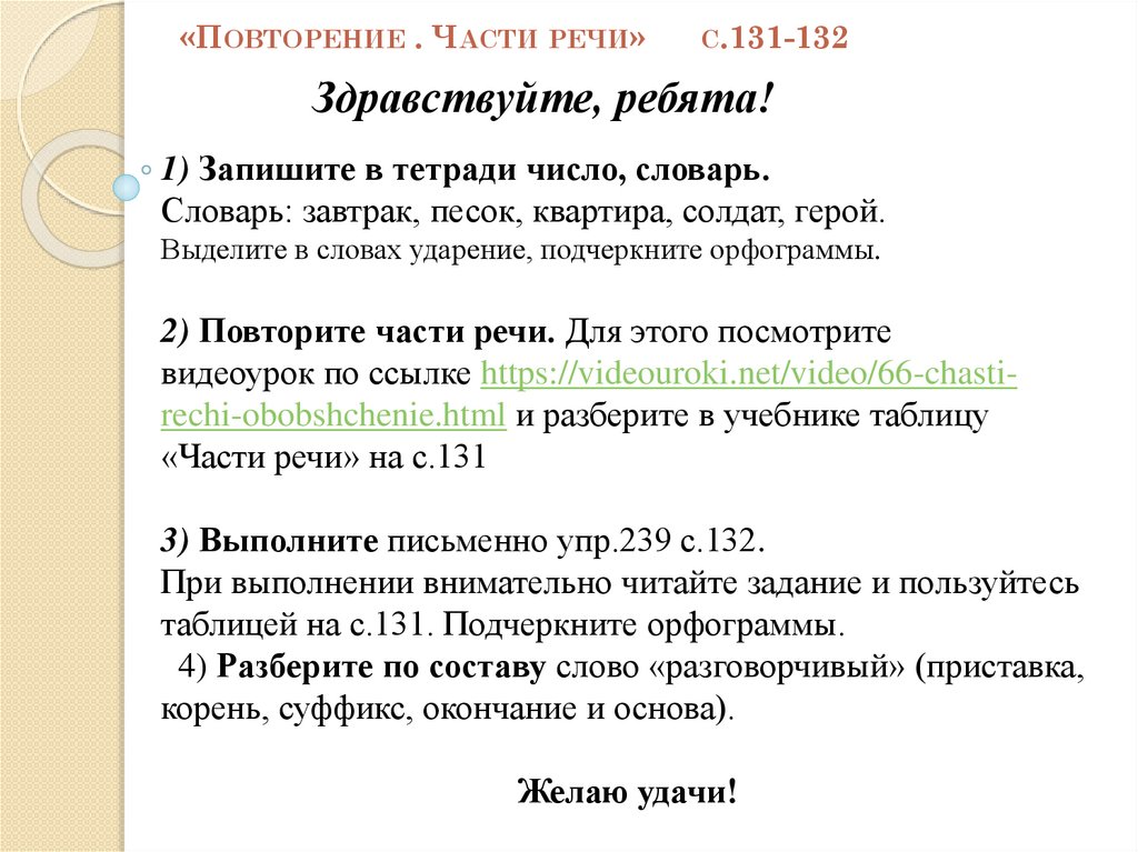 Русский язык 3 класс повторение части речи презентация