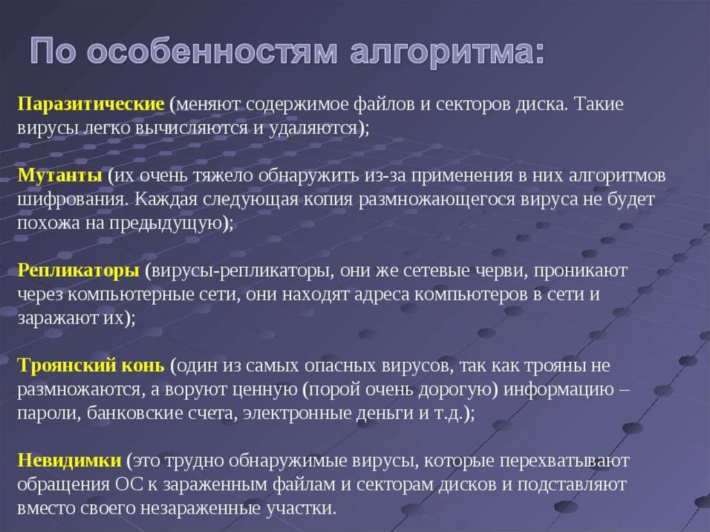 Особенности компьютерных вирусов. Вирусы по особенностям алгоритма. Вирусы по алгоритму работы. Компьютерные вирусы по особенностям алгоритма. По особенностям алгоритма вирусы делятся на.