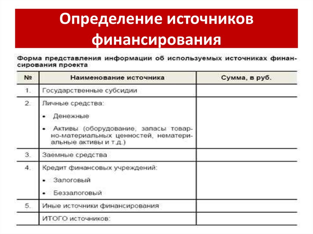 Определение источников финансирования проекта