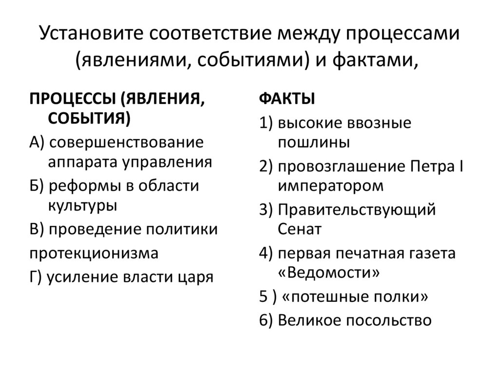 Установите соответствие между событиями и эрой. Установите соответствие между процессами явлениями событиями. Отличия события явления процесса. Факты явления процессы истории России. Соотнесите понятия и определения промышленный дизайн.