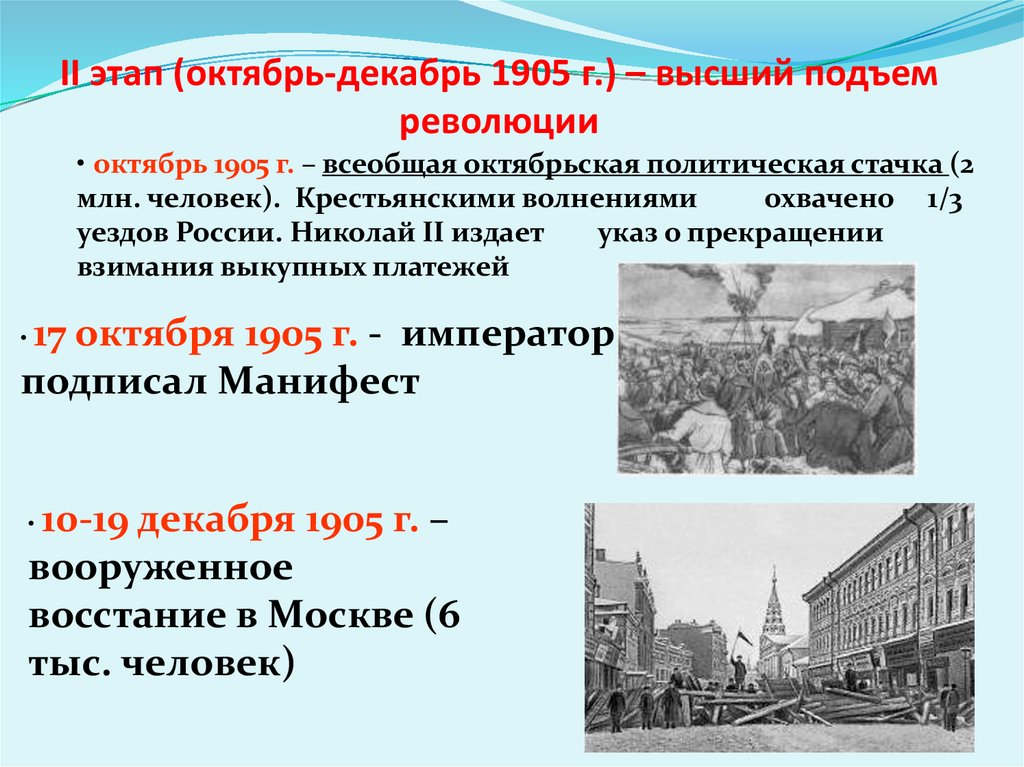 II этап (октябрь-декабрь 1905 г.) – высший подъем революции