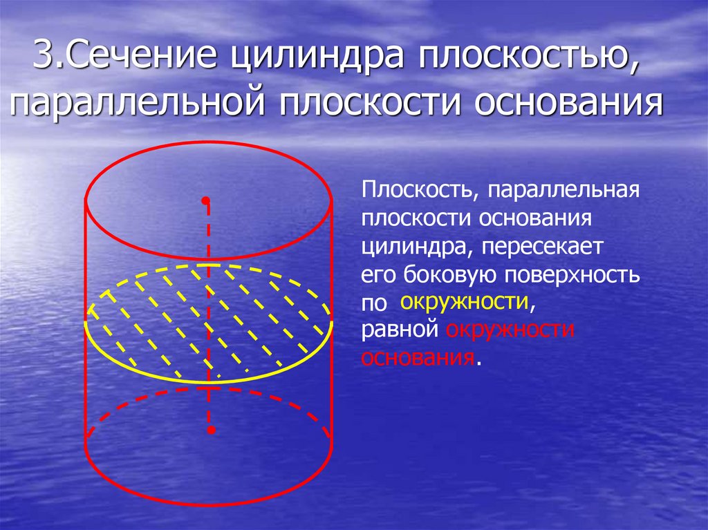 Сечение параллельное основанию является. Плоскости основания цилиндра принадлежит точка. Чесание цилиндра плоскостью.
