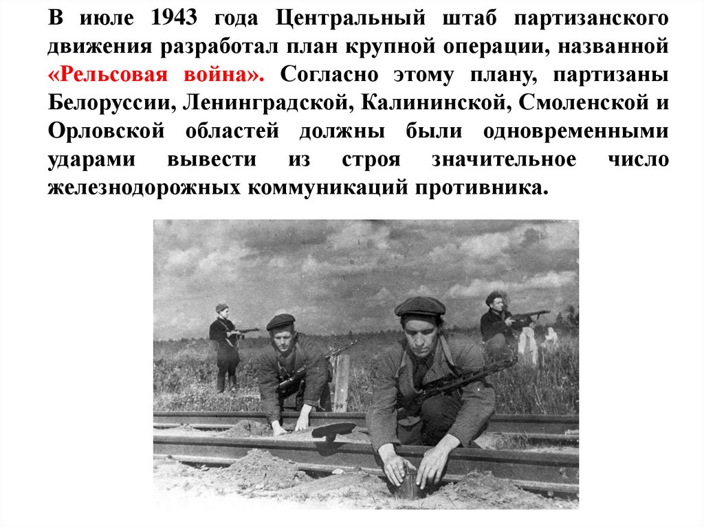 В июле 1943 года Центральный штаб партизанского движения разработал план крупной операции, названной «Рельсовая война».