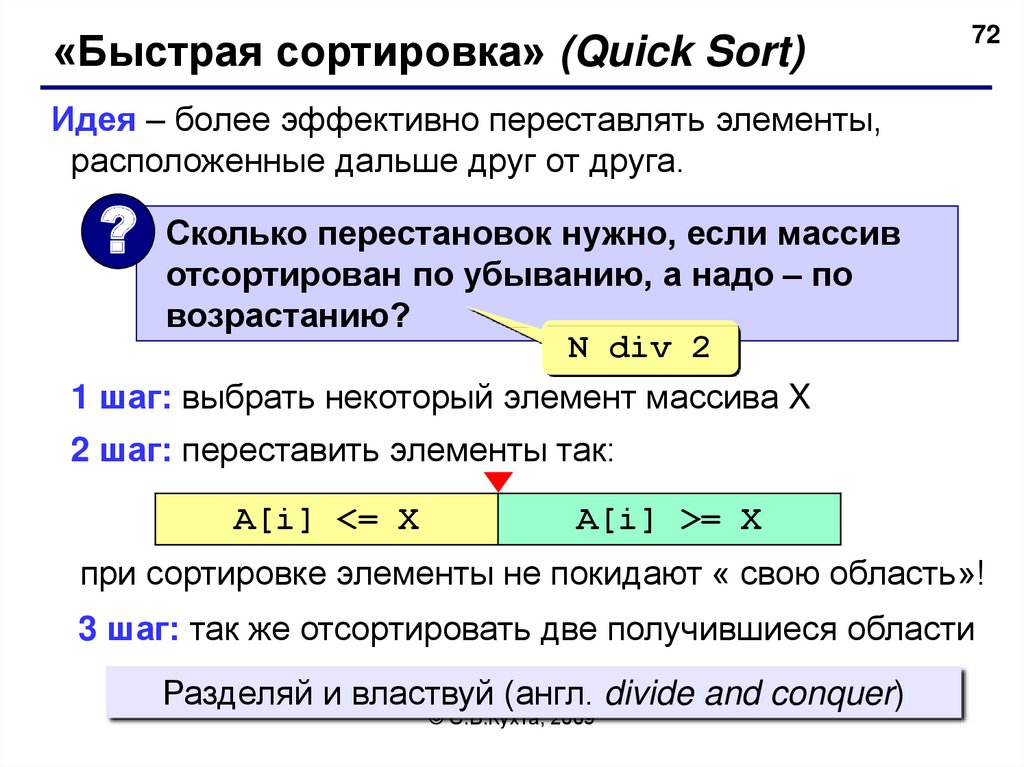 Упорядочение элементов. Быстрая сортировка. Сортировка массива. Сортировки в программировании. Сортировка разделением (быстрая сортировка).
