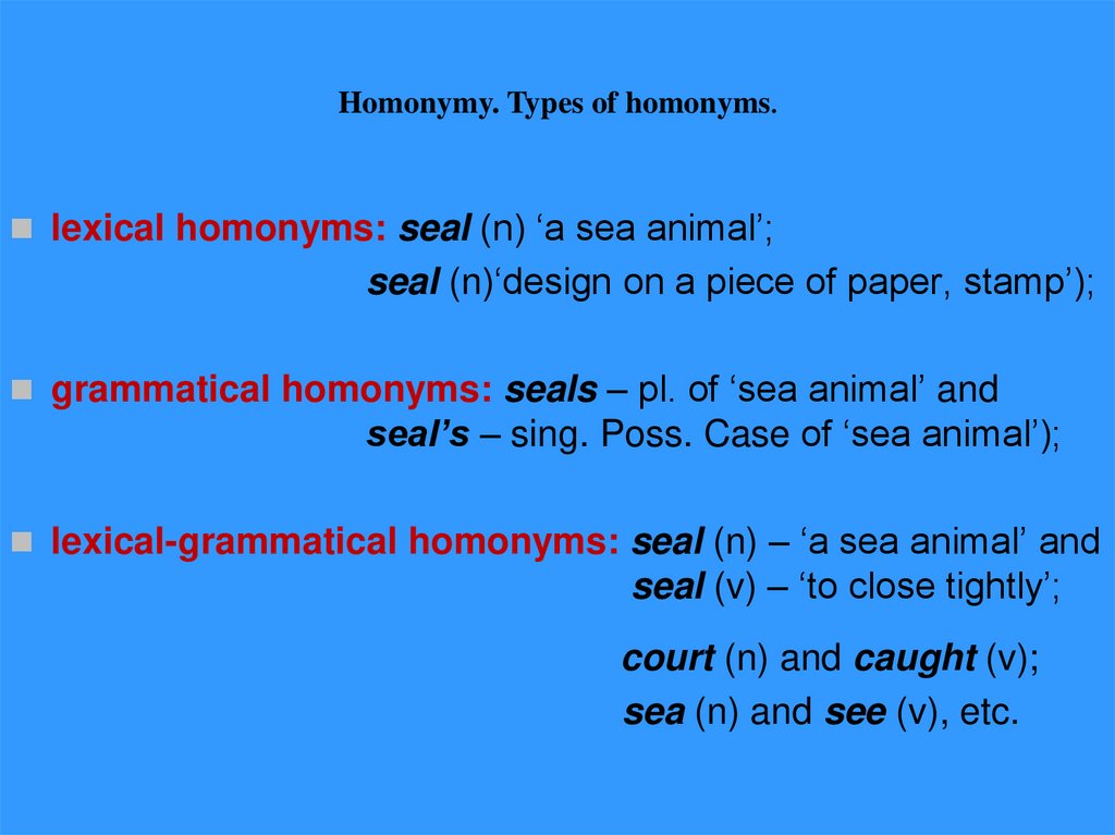 Homonymy. Types of homonyms.