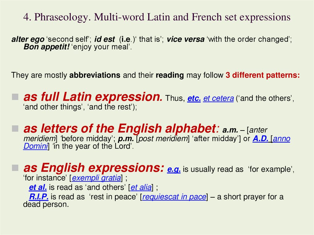 4. Phraseology. Multi-word Latin and French set expressions