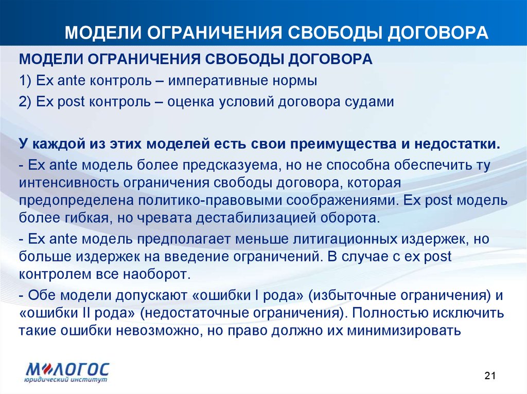 Принцип ограничения. Свобода договора. Контракт модели. Пределы свободы договора. Две модели ограничения свободы договора.