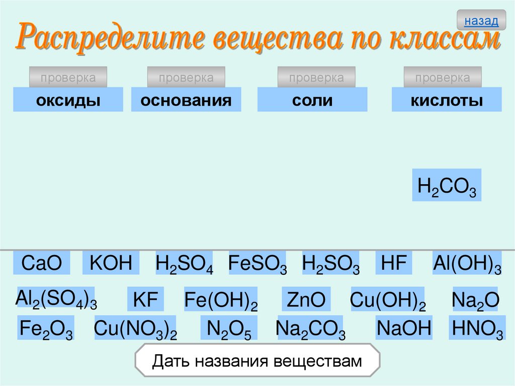 Распределите формулы по классам неорганических соединений