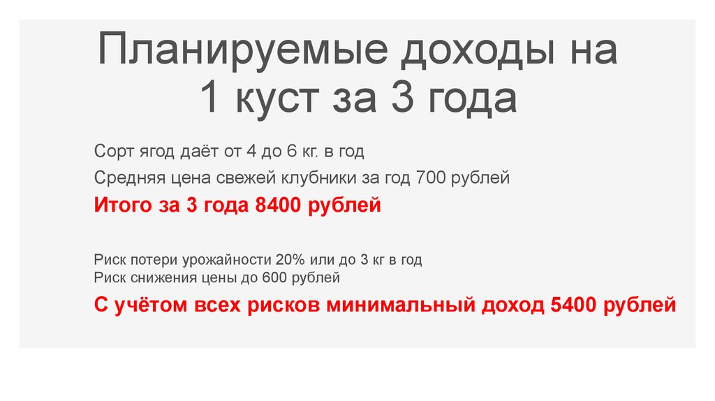 Планируемые доходы на 1 куст за 3 года