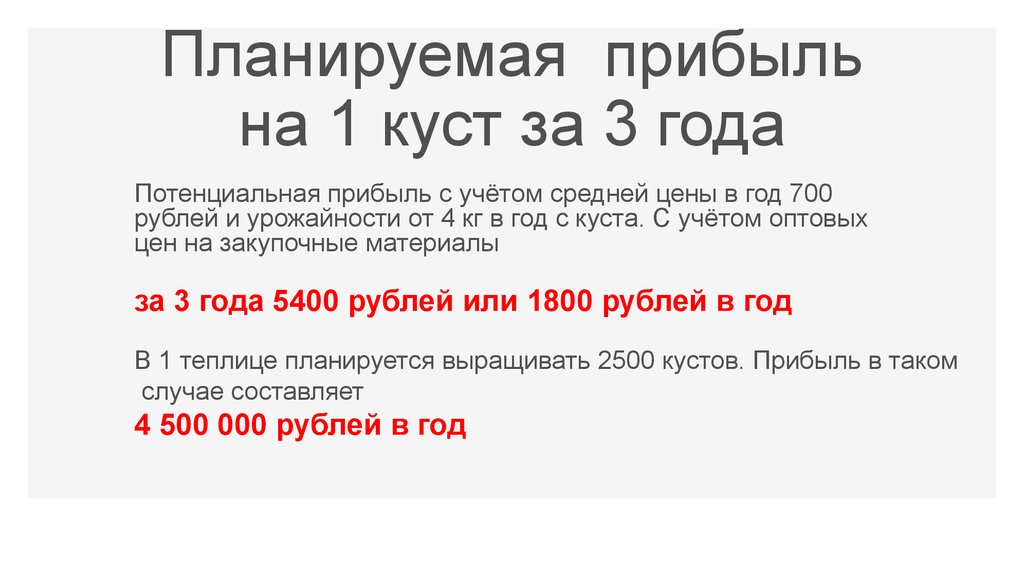 Планируемая прибыль на 1 куст за 3 года