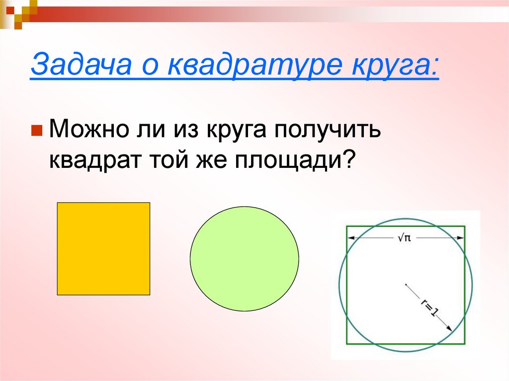 Круг это простыми словами. Задача о квадратуре круга. Квадратура круга решение. Задача с кругами и квадратами. Круг и квадрат с одинаковой площадью.