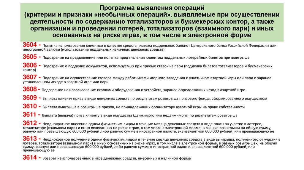 Критерии операций. Программа выявления операций. Признаки необычных операций. Признаки необычных сделок. Коды признаков необычных сделок.