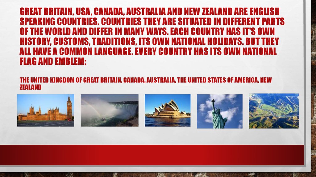 Great Britain, USA, Canada, Australia and New Zealand are English speaking countries. countries They are situated in different