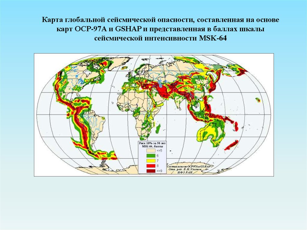 Зоны сейсмической активности. Сейсмические зоны Евразии. Карта ОСР-97.