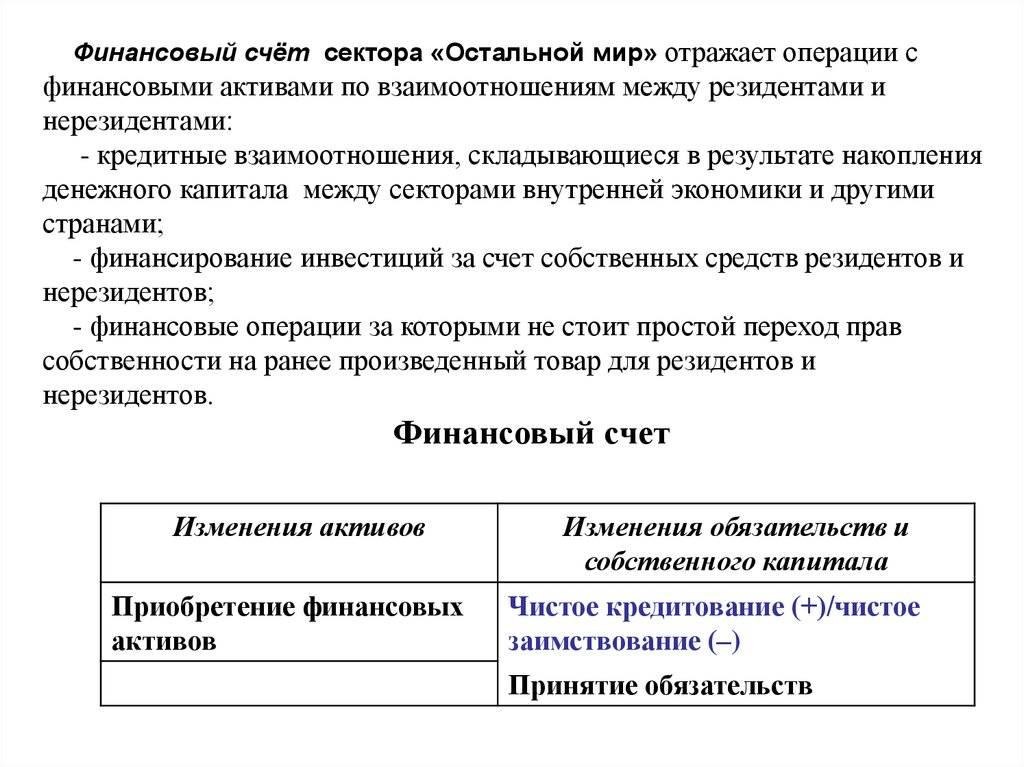 Финансовый счет. Счета сектора остальной мир. Счета внутренней экономики. Последовательность построения счетов сектора остальной мир.