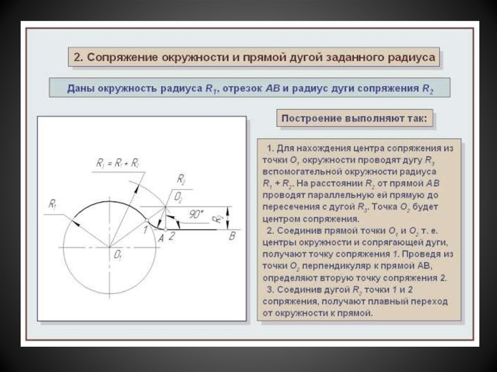 Найти точку на радиусе. Центр сопряжения радиус точка. Внутреннее сопряжение окружности и прямой. Центры и точки сопряжения черчение. Спряжение окружности и прямой.