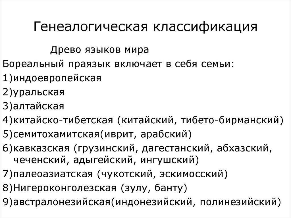 Классификация языков. Генеалогическая классификация мира. Генеалогическая классификация языка.