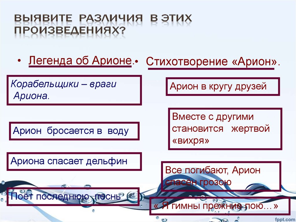 Различие стихотворений. Арион и Легенда об Арионе сходства и различия. Сравнительный анализ мифов. Легенда об Арионе стих. Легенда об Арионе анализ.