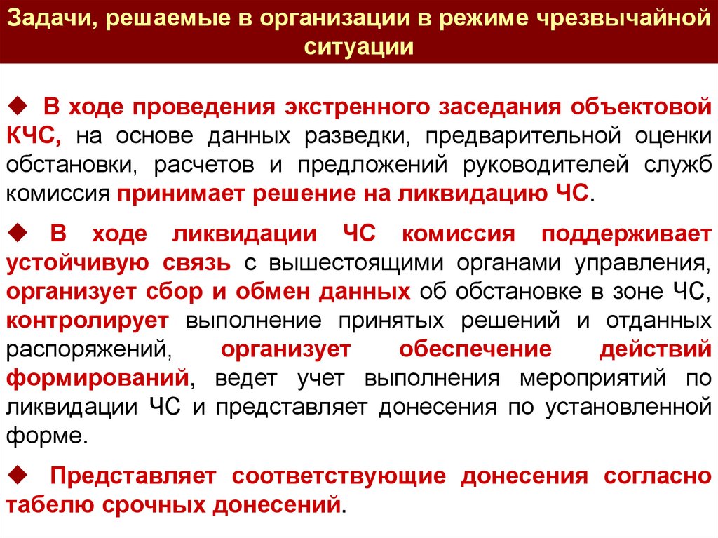 В ходе проведения. Объектовая комиссия по ЧС. Организация работ по ликвидации ЧС. Основа решения на ликвидацию ЧС. Донесение по обеспечению пожарной безопасности.