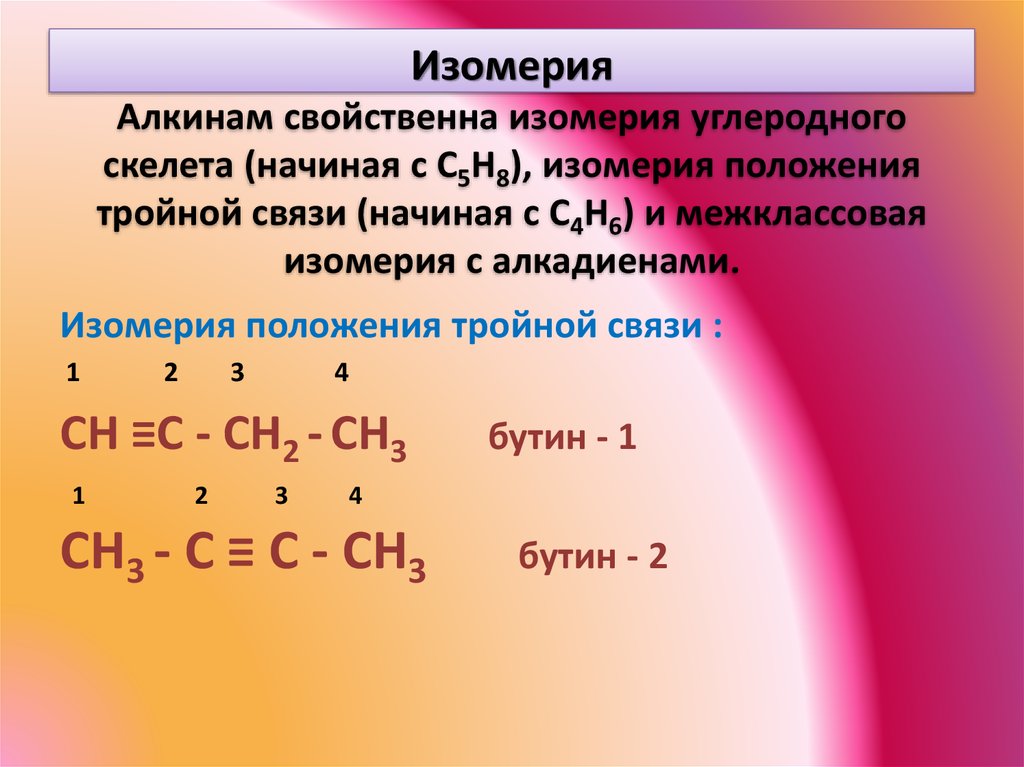 Изомерия Алкинам свойственна изомерия углеродного скелета (начиная с C5H8), изомерия положения тройной связи (начиная с C4H6) и