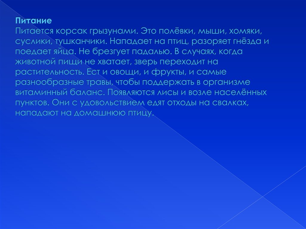 Питание Питается корсак грызунами. Это полёвки, мыши, хомяки, суслики, тушканчики. Нападает на птиц, разоряет гнёзда и поедает