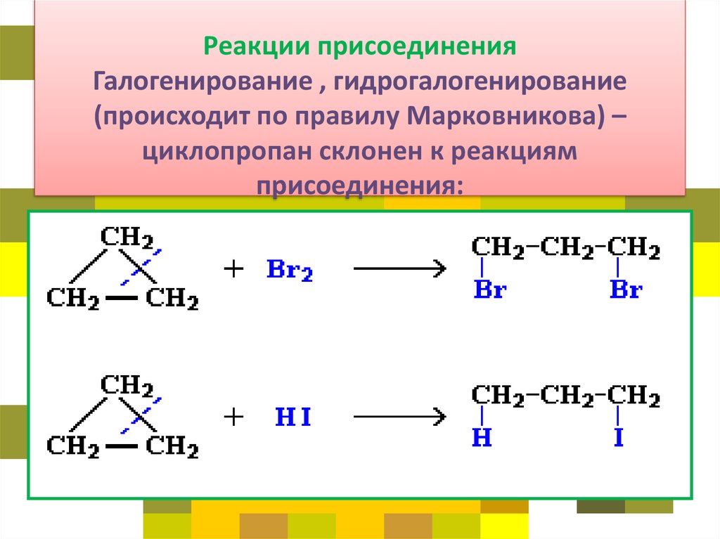 Циклопропан реакция присоединения. Уравнение реакции гидрогалогенирования циклопропана. Галогенирование циклоалканов механизм. Галогенирование циклопарафинов.