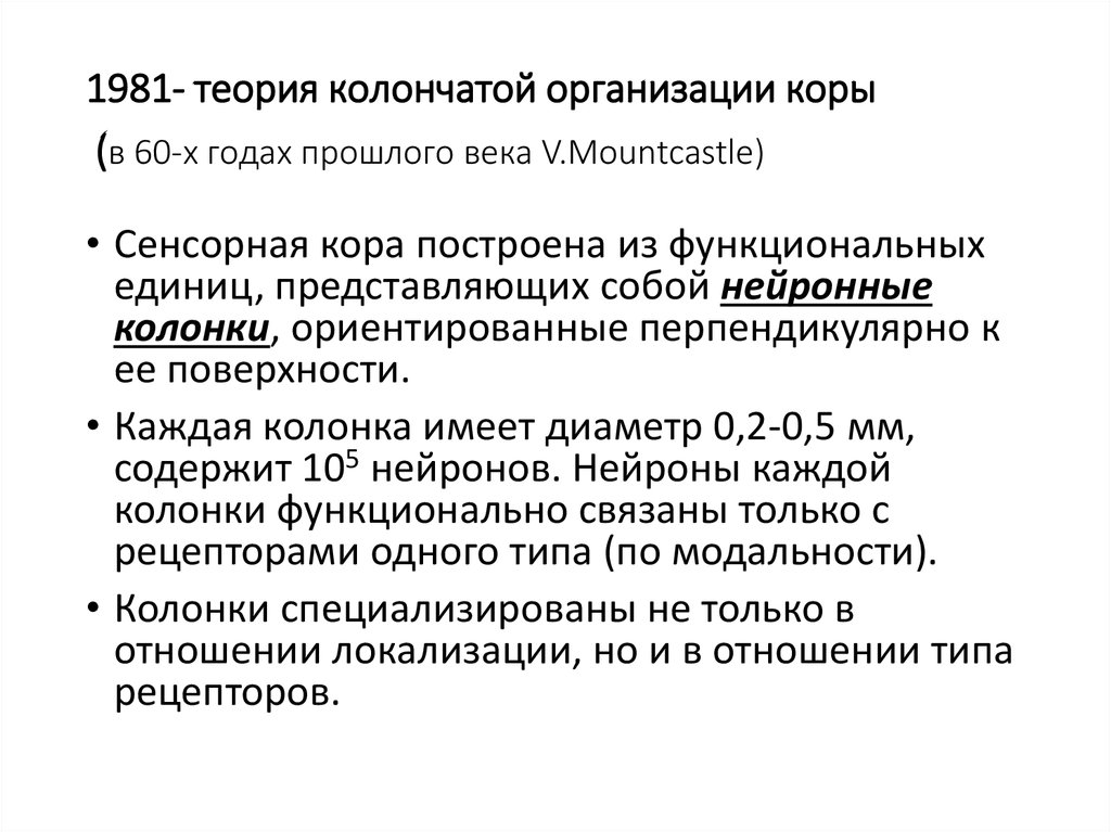 1981- теория колончатой организации коры (в 60-х годах прошлого века V.Mountcastle)