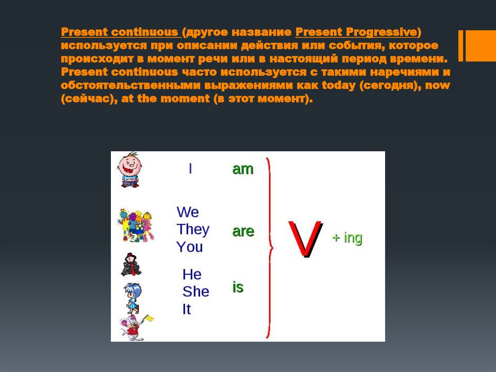 Правило present simple окончания. Презент континиус. Present Progressive презентация. Present Continuous используется для описания. Правило презент прогрессив.