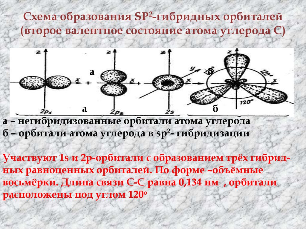 Схема образования SP2-гибридных орбиталей (второе валентное состояние атома углерода С)
