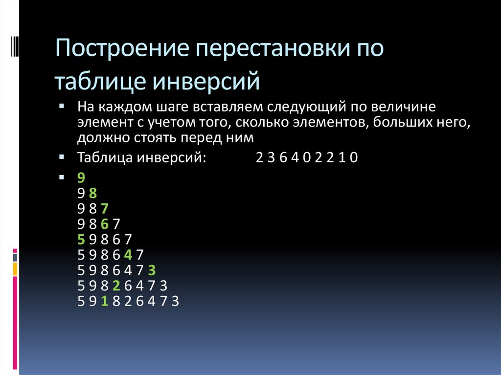 Конкретное число. Построение перестановки по таблице инверсий. Число инверсий в перестановке. Число инверсий в перестановке матрицы. Инверсия таблица.