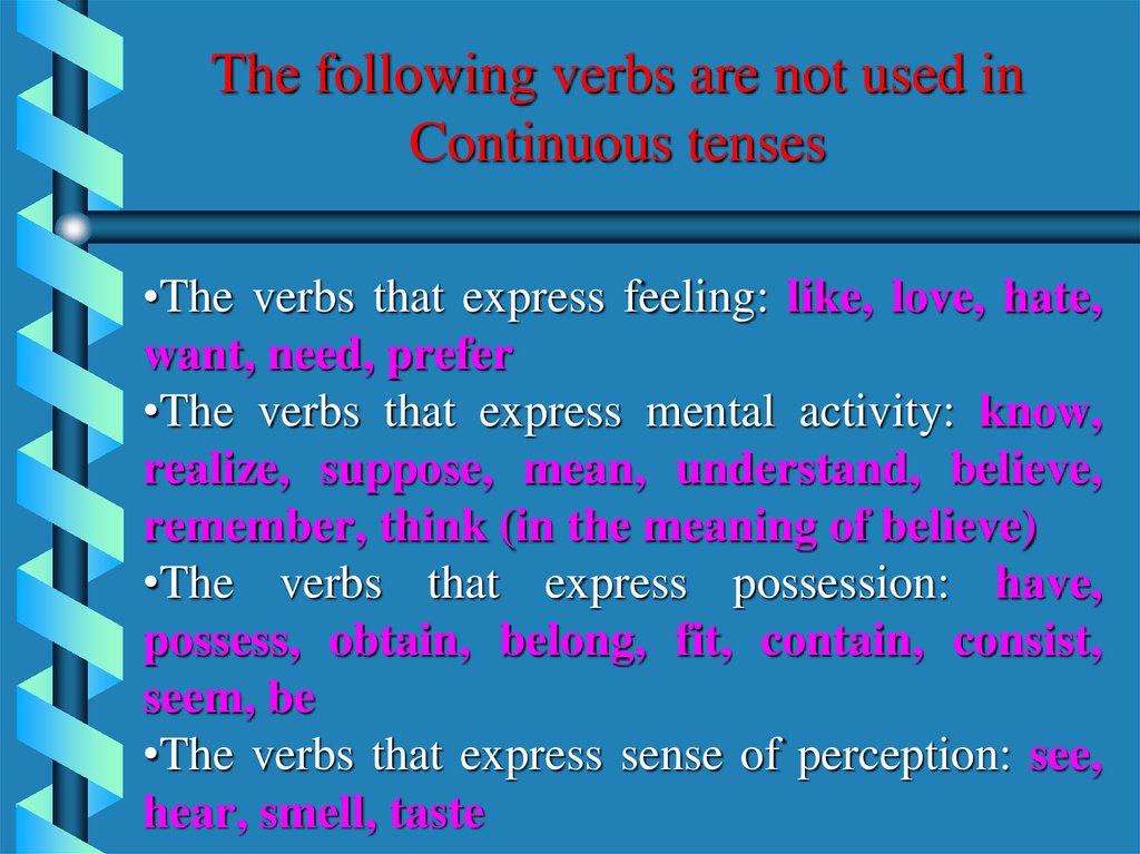 The following verbs are not used in Continuous tenses