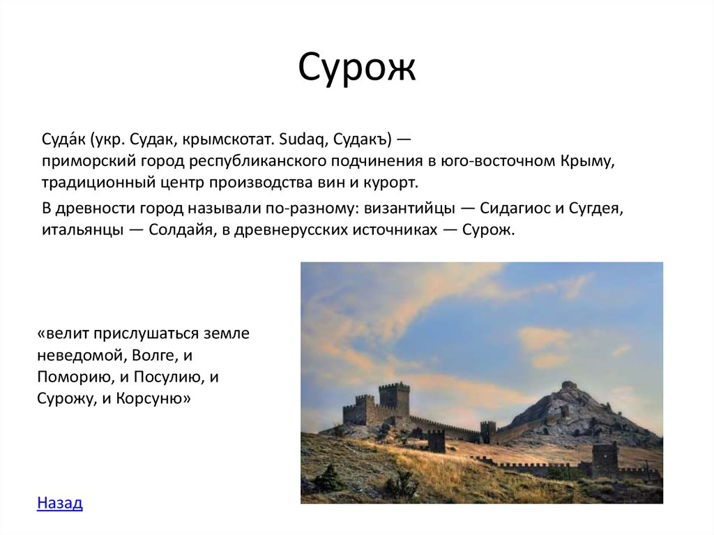 Какова этимология топонима крым. Сурож слово о полку Игореве. Сурож. Сурож Судак. Города республиканского подчинения.