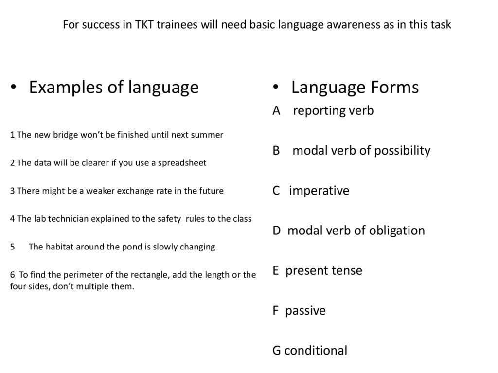 For success in TKT trainees will need basic language awareness as in this task