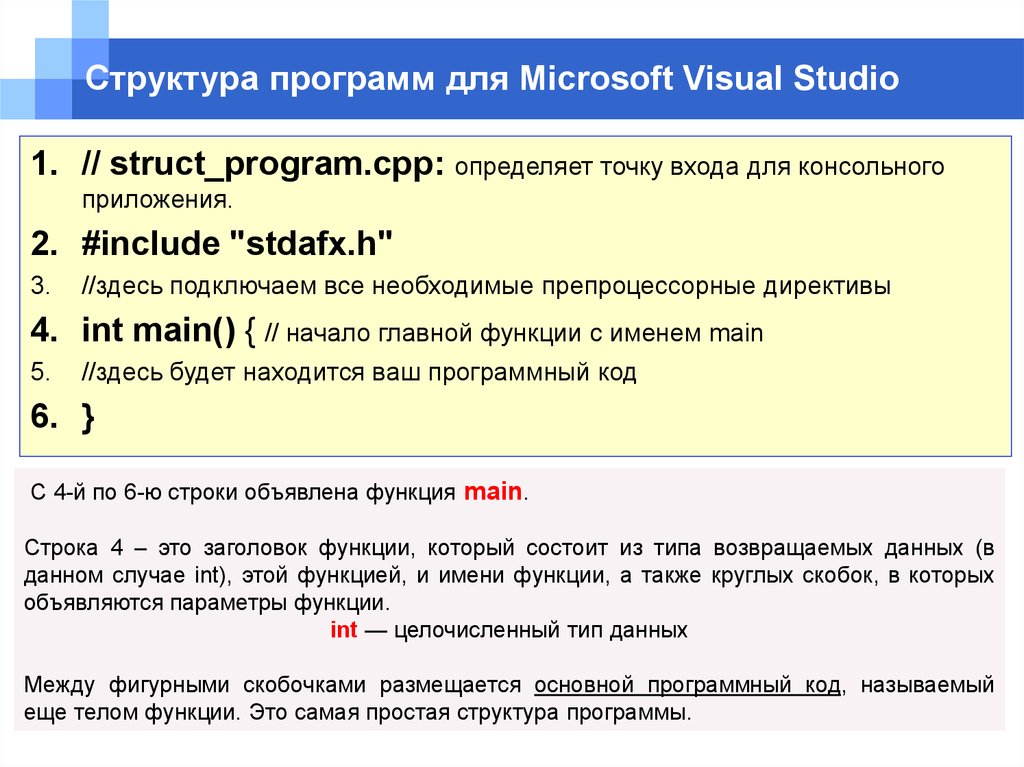 Основные структуры программ. Структура программы функции с++. Структура программы Visual Studio.. Структура приложения в Visual Studio это. Структура программы на языке c++.