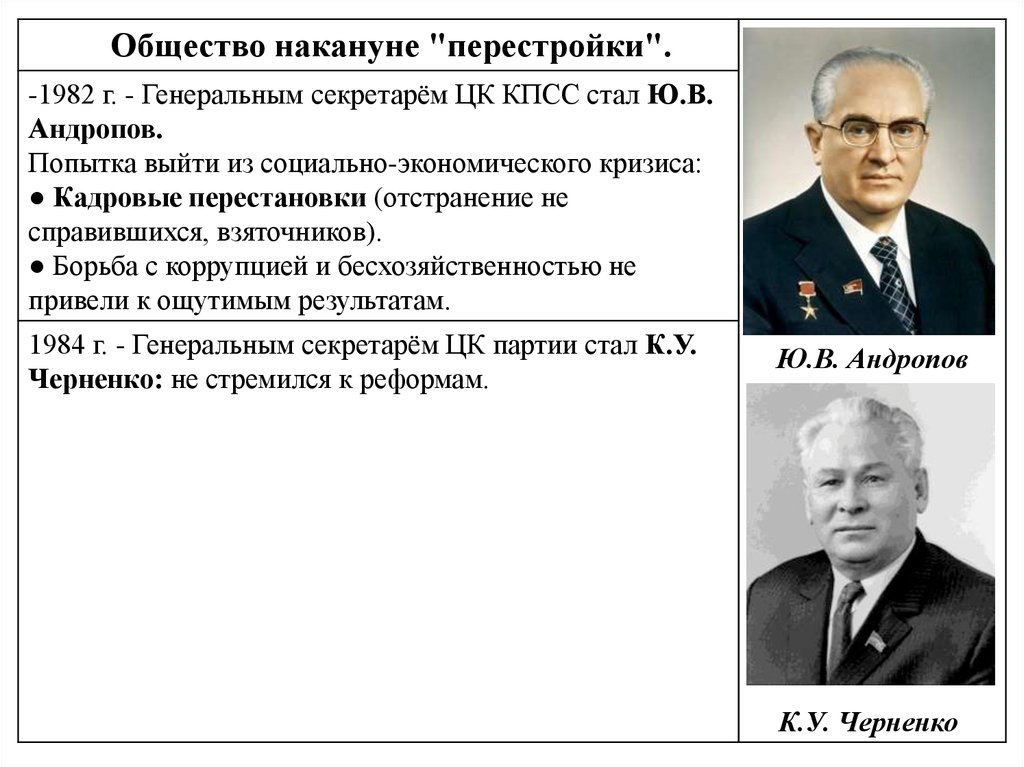 Личности перестройки в ссср. СССР накануне перестройки в 1982-1985 гг. Годы правления Андропова и Черненко и Горбачева. Общество накануне перестройки. Начала политики перестройки.