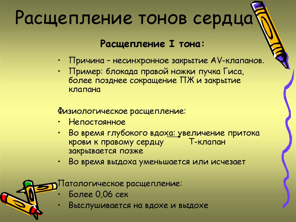 Тоны сердца причины. Физиологическое расщепления II тона сердца. Причины расщепления тонов сердца. Расщепление первого тона причины. Расщепление и раздвоение тонов сердца.