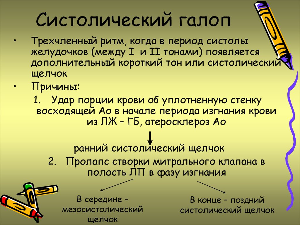 Тоны короткого. Систолический галоп. Систрлогический гадоп. Трехчленный ритм. Систолический ритм галопа.