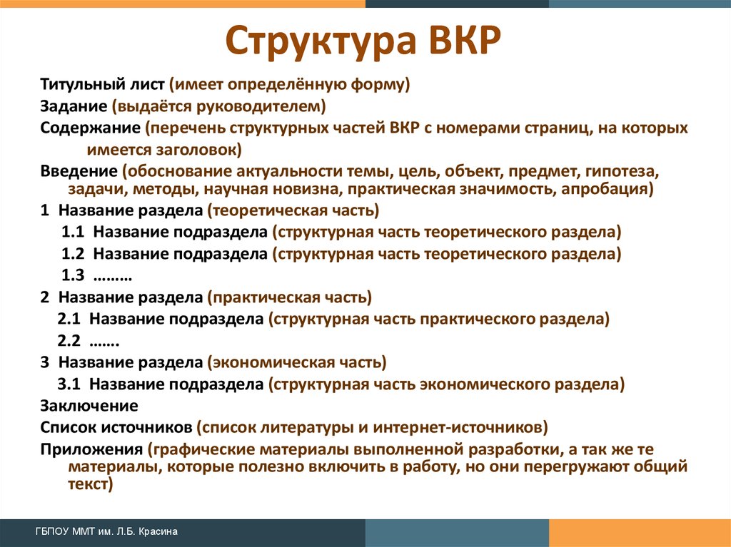 Список разделов. Структура ВКР. Структурные части введения ВКР. Все структурные части выпускной квалификационной работы.