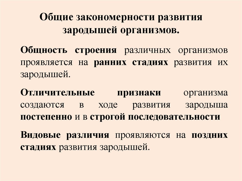 Общие закономерности развития. Закономерности развития зародыша. Закономерности эмбрионального развития. Общие закономерности зародышевого развития.