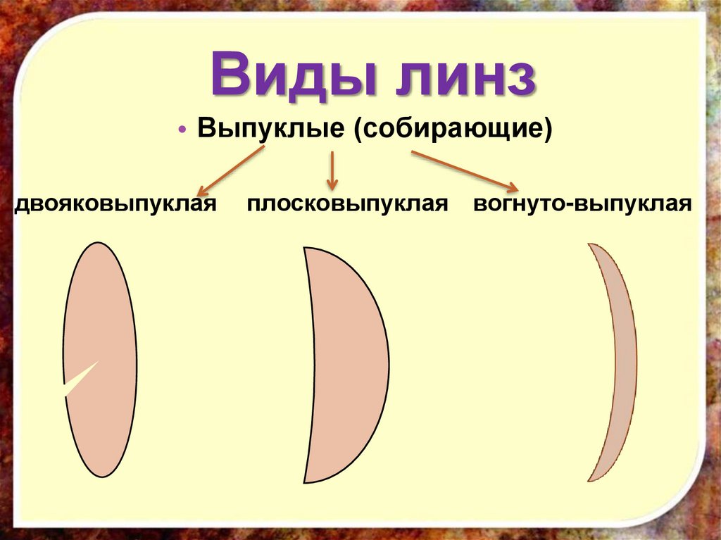 Какие линзы называют вогнутыми. Виды линз. Выпуклая собирающая линза. Виды выпуклых линз. Виды собирающих линз.