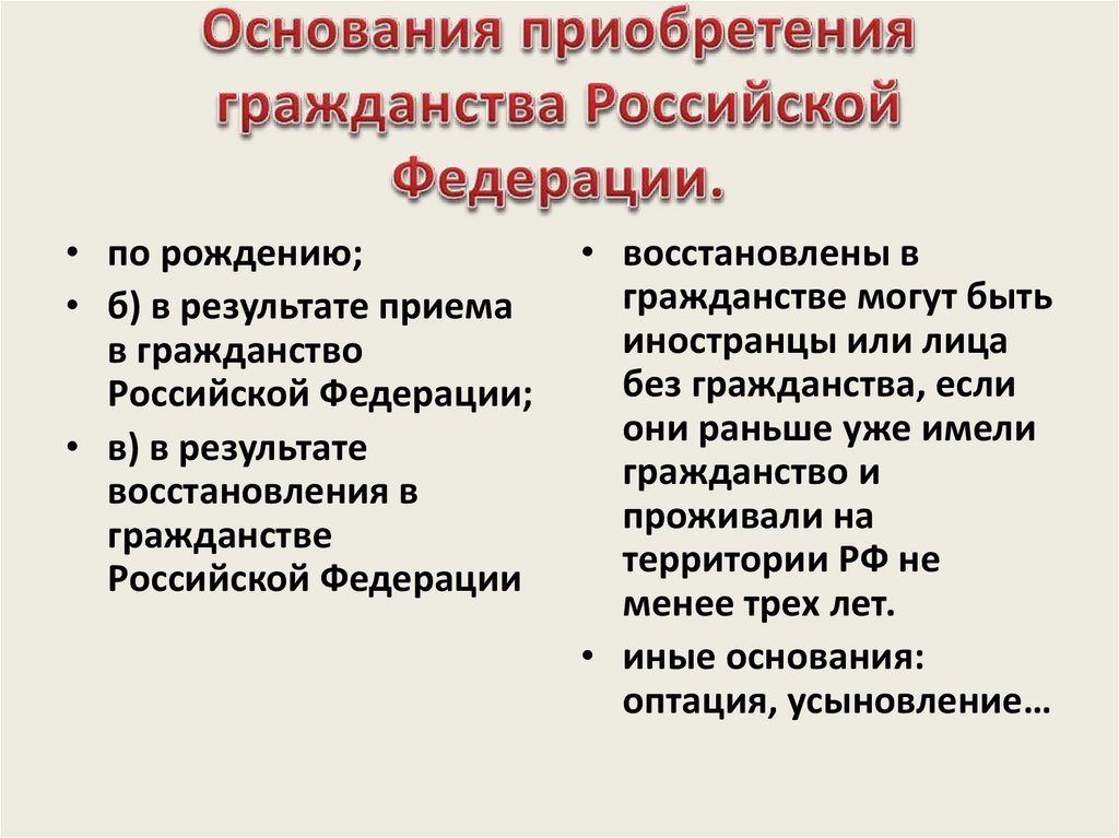 Какие есть гражданства. Основания приобретения гражданства схема. Основания приобретения гражданства таблица. Основания приобретения гражданства РФ таблица. Способы приобретения гражданства условия таблица.