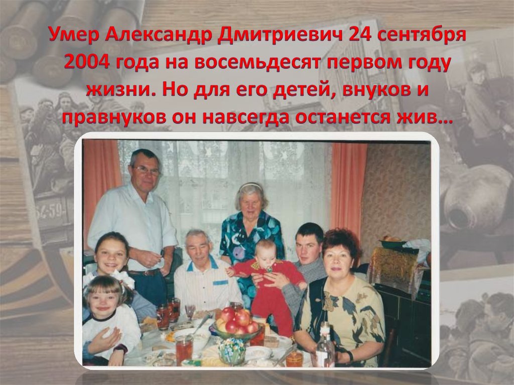 Умер Александр Дмитриевич 24 сентября 2004 года на восемьдесят первом году жизни. Но для его детей, внуков и правнуков он