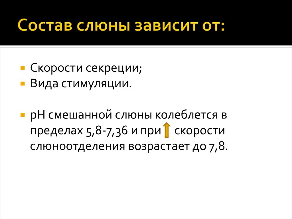 Смешанная слюна. Виды секреции слюны. Скорость секреции слюны. Состав слюны. Зависимость PH слюны от скорости ее секреции.