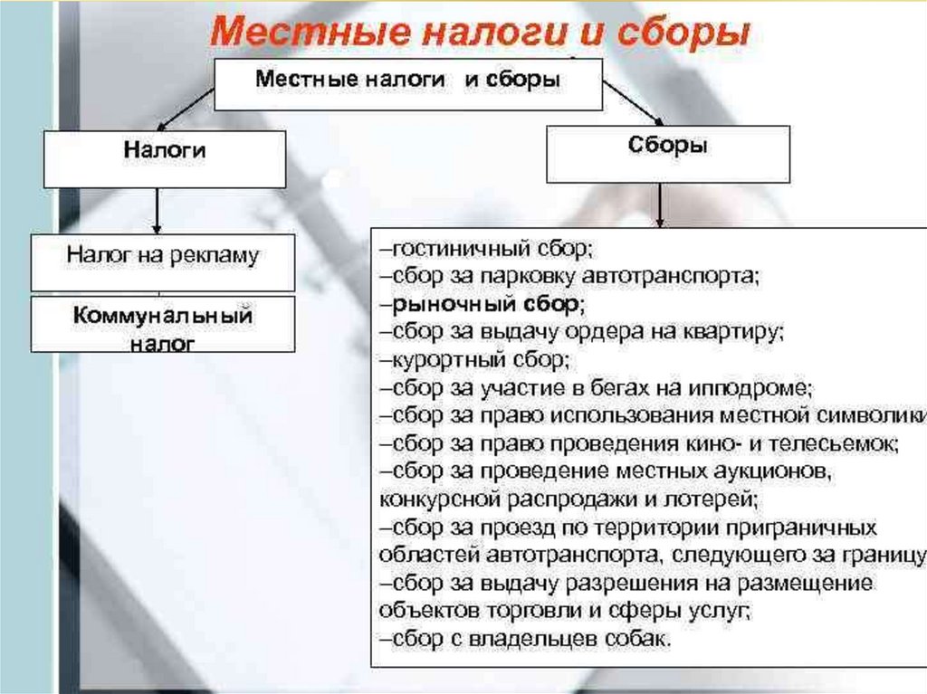 Определите к каким налогам относится. Местные налоги и сборы. Виды местных налогов. Местеыеиналоги и сьоры. Местные налоги и сборы схема.